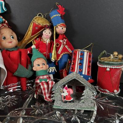 LOT 99: Large Assortment of Vintage Christmas Decoration Including Elves, Glass Balls, and Icicles, Knee Huggers, Kurt Adler Gumdrop...
