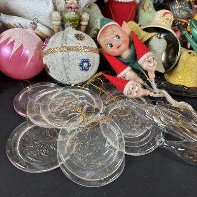 LOT 99: Large Assortment of Vintage Christmas Decoration Including Elves, Glass Balls, and Icicles, Knee Huggers, Kurt Adler Gumdrop...