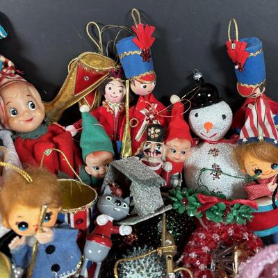 LOT 99: Large Assortment of Vintage Christmas Decoration Including Elves, Glass Balls, and Icicles, Knee Huggers, Kurt Adler Gumdrop...