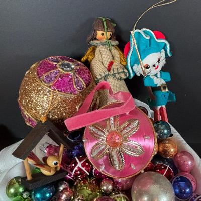 LOT 99: Large Assortment of Vintage Christmas Decoration Including Elves, Glass Balls, and Icicles, Knee Huggers, Kurt Adler Gumdrop...