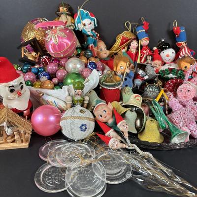 LOT 99: Large Assortment of Vintage Christmas Decoration Including Elves, Glass Balls, and Icicles, Knee Huggers, Kurt Adler Gumdrop...