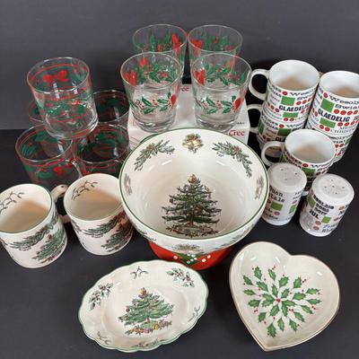 LOT 100: Assortment of Holiday China, Glasses, Mugs, Dishes by Lenox, Spode, and More
