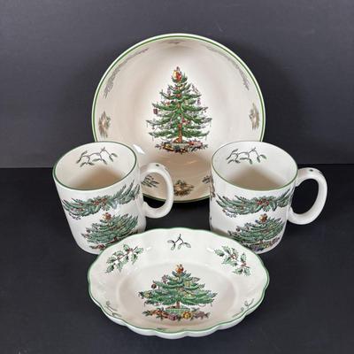 LOT 100: Assortment of Holiday China, Glasses, Mugs, Dishes by Lenox, Spode, and More