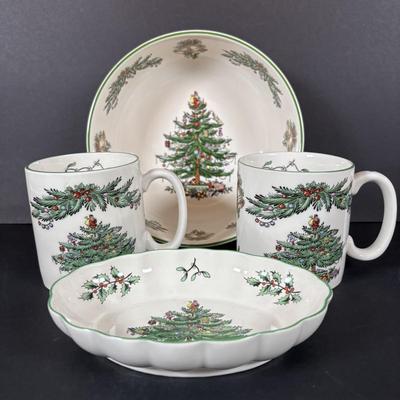 LOT 100: Assortment of Holiday China, Glasses, Mugs, Dishes by Lenox, Spode, and More