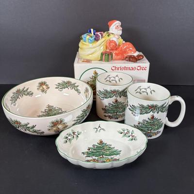 LOT 100: Assortment of Holiday China, Glasses, Mugs, Dishes by Lenox, Spode, and More