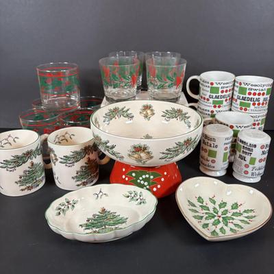 LOT 100: Assortment of Holiday China, Glasses, Mugs, Dishes by Lenox, Spode, and More