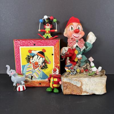 LOT:100: Keep Them Laughing Clown Collection Including Mattel Jack In the Box, Kmar Clown Doll, Wood Circus Figures and a Signed Ron Lee...