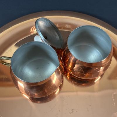 LOT 103: Copper Tea Kettles/Pots, a Creamer and Sugar Bowl and Wall/Jello Mold