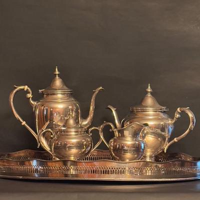 LOT 105: Gorham Sterling Silver Tea Service Set with Oval Silverplate Serving Tray Tw. 1,790g