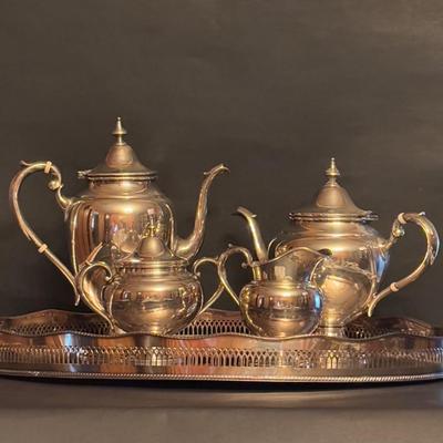 LOT 105: Gorham Sterling Silver Tea Service Set with Oval Silverplate Serving Tray Tw. 1,790g