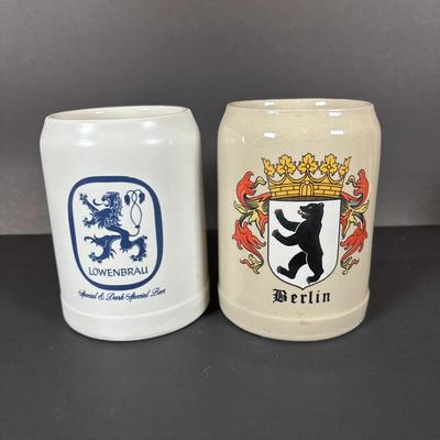 LOT 104: Collection of Copper, Glass and Ceramic Beer Steins and Mugs Lowenbrau and More, Romana Caffe Copper Tray, and Other Bar Must Haves