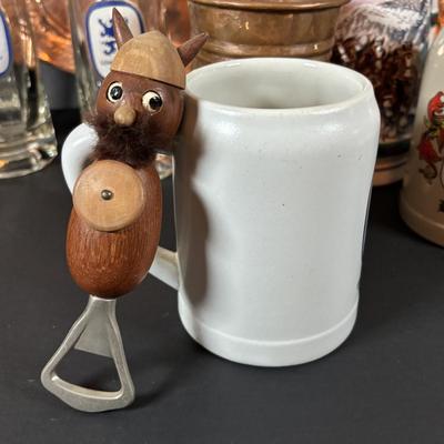 LOT 104: Collection of Copper, Glass and Ceramic Beer Steins and Mugs Lowenbrau and More, Romana Caffe Copper Tray, and Other Bar Must Haves