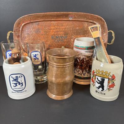 LOT 104: Collection of Copper, Glass and Ceramic Beer Steins and Mugs Lowenbrau and More, Romana Caffe Copper Tray, and Other Bar Must Haves