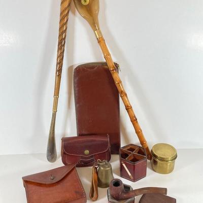 LOT 169: Vintage Collection - J.W Pipe, Cigarette Holder, Ashtray, Back Scratcher (Italy), Shoe Horn, Leather Holders, Brass Bell and...