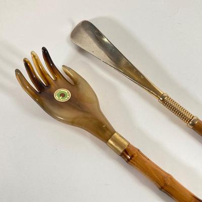 LOT 169: Vintage Collection - J.W Pipe, Cigarette Holder, Ashtray, Back Scratcher (Italy), Shoe Horn, Leather Holders, Brass Bell and...