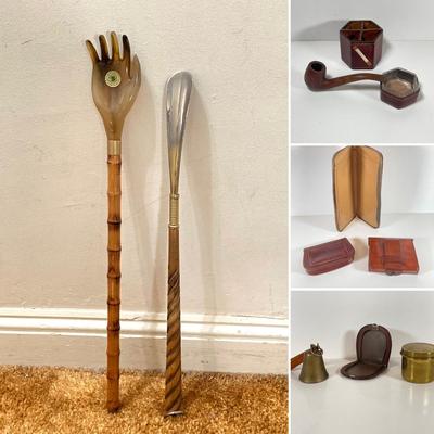 LOT 169: Vintage Collection - J.W Pipe, Cigarette Holder, Ashtray, Back Scratcher (Italy), Shoe Horn, Leather Holders, Brass Bell and...