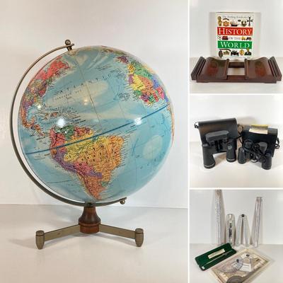 LOT: Bombay Adjustable Wooden Book Ends, Replogle Globe, Binoculars, Vintage Drawing / Measuring Tools and More