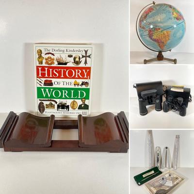 LOT: Bombay Adjustable Wooden Book Ends, Replogle Globe, Binoculars, Vintage Drawing / Measuring Tools and More