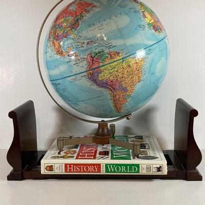 LOT: Bombay Adjustable Wooden Book Ends, Replogle Globe, Binoculars, Vintage Drawing / Measuring Tools and More