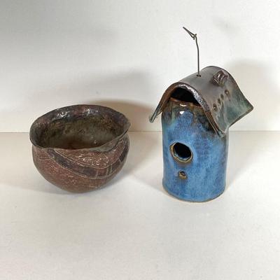 LOT 172: Pottery and Garden Collection - Mushroom Stakes, Birdhouse, Brass Frog and More