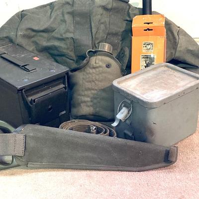 LOT 173: Military Collection - Olive Drab Duffle Bag, Ammo Storage Containers, Cantine Bottle, Saw, Shovel and More
