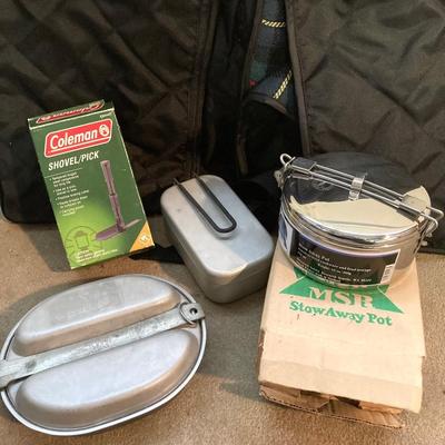 LOT 174: Camping Collection - Cookware, Folding Zip Up Blanket, Trimarc Rod Caddy, Tarp, Coleman Drink Cooler, Aladdin Thermos and More