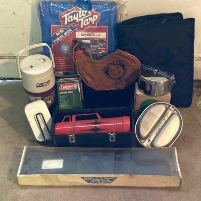 LOT 174: Camping Collection - Cookware, Folding Zip Up Blanket, Trimarc Rod Caddy, Tarp, Coleman Drink Cooler, Aladdin Thermos and More