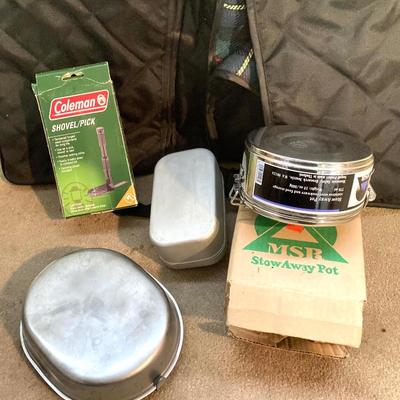 LOT 174: Camping Collection - Cookware, Folding Zip Up Blanket, Trimarc Rod Caddy, Tarp, Coleman Drink Cooler, Aladdin Thermos and More