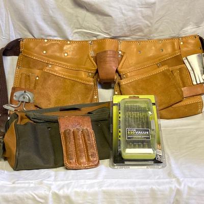 LOT 179: Bucket Boss Brand Gatemouth Jr Tool Bag, Craftsman Tool Belt, Pencil Holder, Ryobi Drill Bits