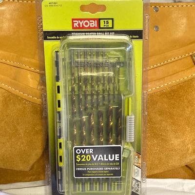 LOT 179: Bucket Boss Brand Gatemouth Jr Tool Bag, Craftsman Tool Belt, Pencil Holder, Ryobi Drill Bits