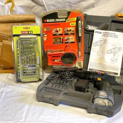 LOT 180: Ryobi Cordless Drill, Ryobi Drill Bits, Black & Decker Door Lock Installation Kit and Nicholas Tool Pouch