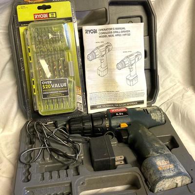 LOT 180: Ryobi Cordless Drill, Ryobi Drill Bits, Black & Decker Door Lock Installation Kit and Nicholas Tool Pouch