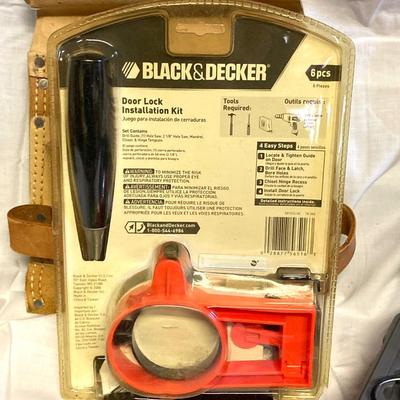 LOT 180: Ryobi Cordless Drill, Ryobi Drill Bits, Black & Decker Door Lock Installation Kit and Nicholas Tool Pouch