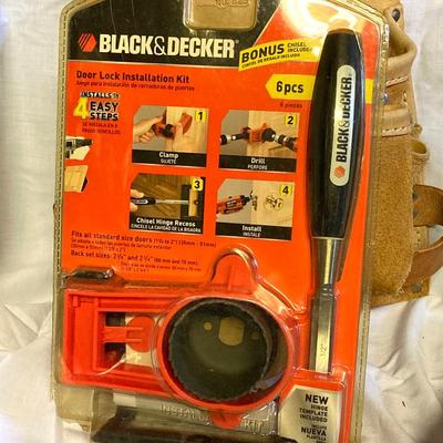 LOT 180: Ryobi Cordless Drill, Ryobi Drill Bits, Black & Decker Door Lock Installation Kit and Nicholas Tool Pouch