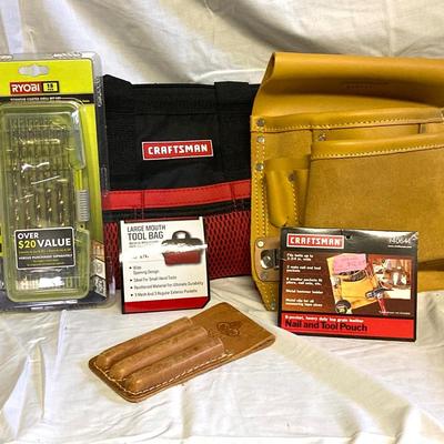 LOT 181: Craftsman Tool Bag, Craftsman Tool Pouch, Ryobi Drill Bits and Bolen Pencil Holder
