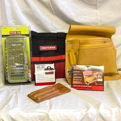 LOT 181: Craftsman Tool Bag, Craftsman Tool Pouch, Ryobi Drill Bits and Bolen Pencil Holder