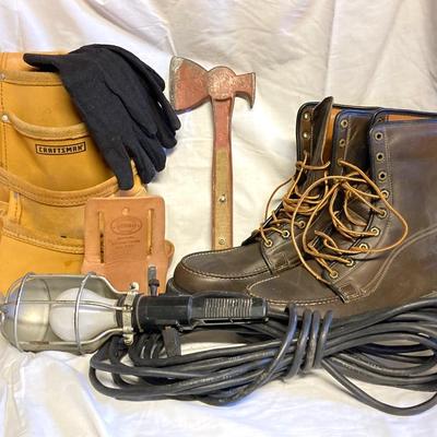 LOT 182: Ready to Work Collection - Craftsman Tool Pouch, Sears Size 10.5 Work Boots, Hand Axe / Hatchet, Hook Hanging Work Light, Jersey...