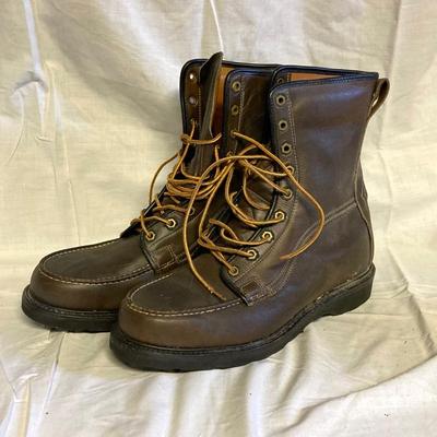 LOT 182: Ready to Work Collection - Craftsman Tool Pouch, Sears Size 10.5 Work Boots, Hand Axe / Hatchet, Hook Hanging Work Light, Jersey...