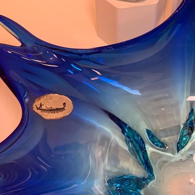 LOT:190: Beautiful Murano Blue Art Glass Bowl and 2 Tall Strombershyttan Crystal Vases