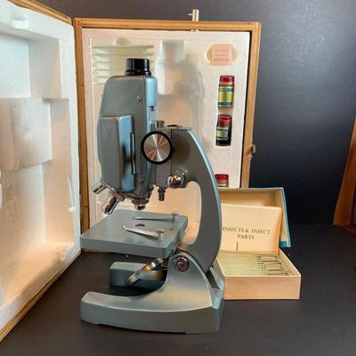 LOT:194: Vintage Sears Power Zoom Mircoscope in Original Wood Case with Slides and More