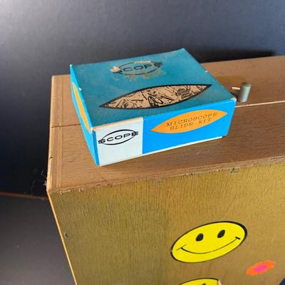 LOT:194: Vintage Sears Power Zoom Mircoscope in Original Wood Case with Slides and More