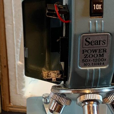 LOT:194: Vintage Sears Power Zoom Mircoscope in Original Wood Case with Slides and More