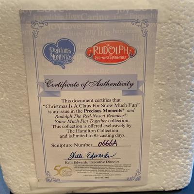 LOT:195: Adorable Christmas Decor Including Precious Moments Rudolph the Red-Nosed Reindeer Santa Figurine, Mikasa Bell, Glass Ornaments,...