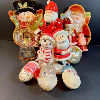 LOT:195: Adorable Christmas Decor Including Precious Moments Rudolph the Red-Nosed Reindeer Santa Figurine, Mikasa Bell, Glass Ornaments,...