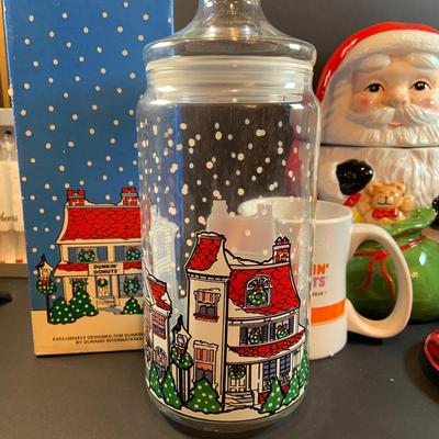 LOT 196: Holidays with Dunkin, Coke and Starbucks- Cups, Glasses, Canister, a Musical Santa Cookie Jar, Glass Stir Sticks and More
