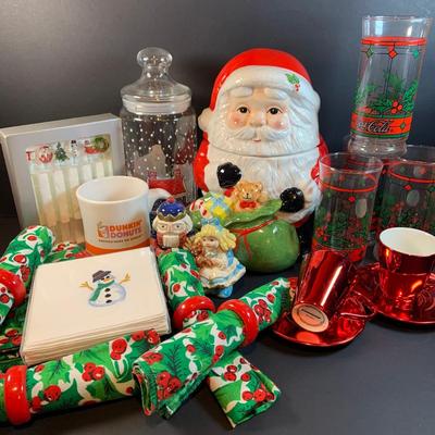 LOT 196: Holidays with Dunkin, Coke and Starbucks- Cups, Glasses, Canister, a Musical Santa Cookie Jar, Glass Stir Sticks and More