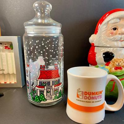 LOT 196: Holidays with Dunkin, Coke and Starbucks- Cups, Glasses, Canister, a Musical Santa Cookie Jar, Glass Stir Sticks and More