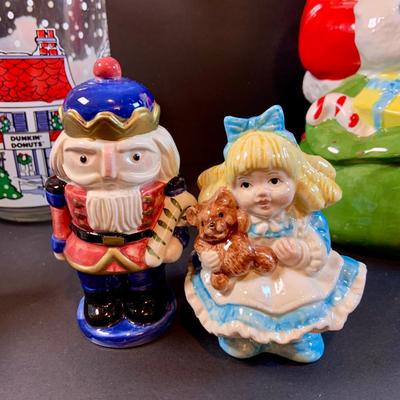 LOT 196: Holidays with Dunkin, Coke and Starbucks- Cups, Glasses, Canister, a Musical Santa Cookie Jar, Glass Stir Sticks and More