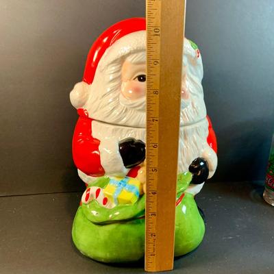 LOT 196: Holidays with Dunkin, Coke and Starbucks- Cups, Glasses, Canister, a Musical Santa Cookie Jar, Glass Stir Sticks and More