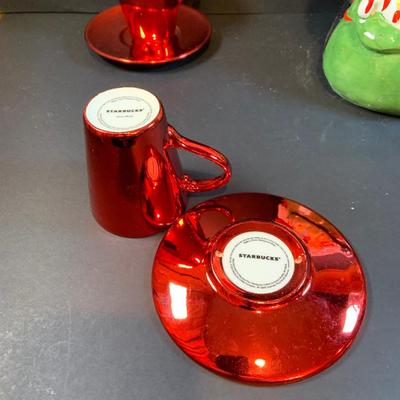 LOT 196: Holidays with Dunkin, Coke and Starbucks- Cups, Glasses, Canister, a Musical Santa Cookie Jar, Glass Stir Sticks and More